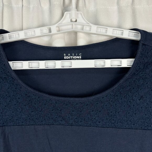 Basic Editions Womens Navy Blue Lace Accent T-Shirt Size IX - Picture 2 of 6